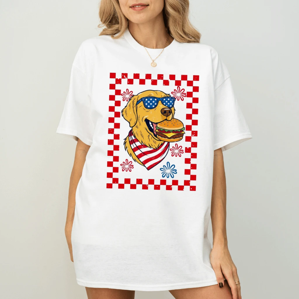 Vintage Dog with Hamburger Patriotic Golden Dog T-Shirt - Cute Dog 4th of July Gift for Her - back view