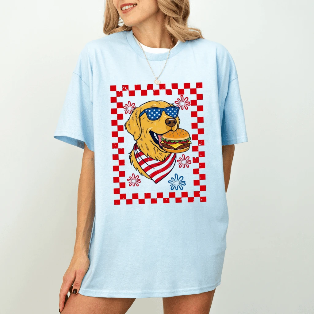 Vintage Dog with Hamburger Patriotic Golden Dog T-Shirt - Cute Dog 4th of July Gift for Her - detail view