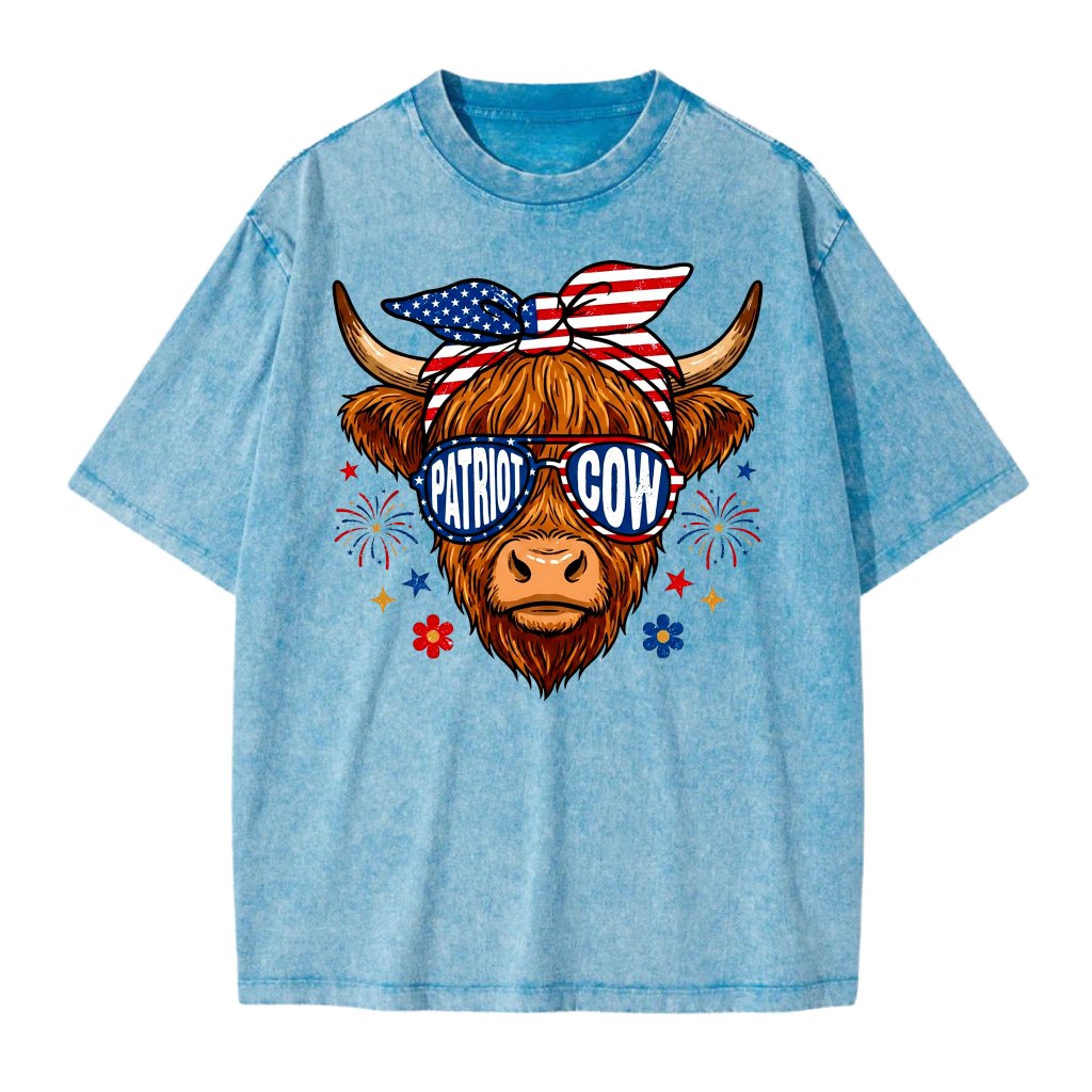 Vintage Coquette Bow Patriot Cow Wash tee - Cute Highland Cow Patriotic Gift for Her - front view