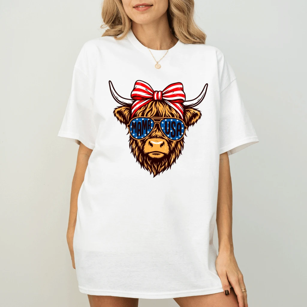 Vintage Mama USA Patriotic Cow T-Shirt - Cute Highland Cow Patriotic Gift for Her - back view