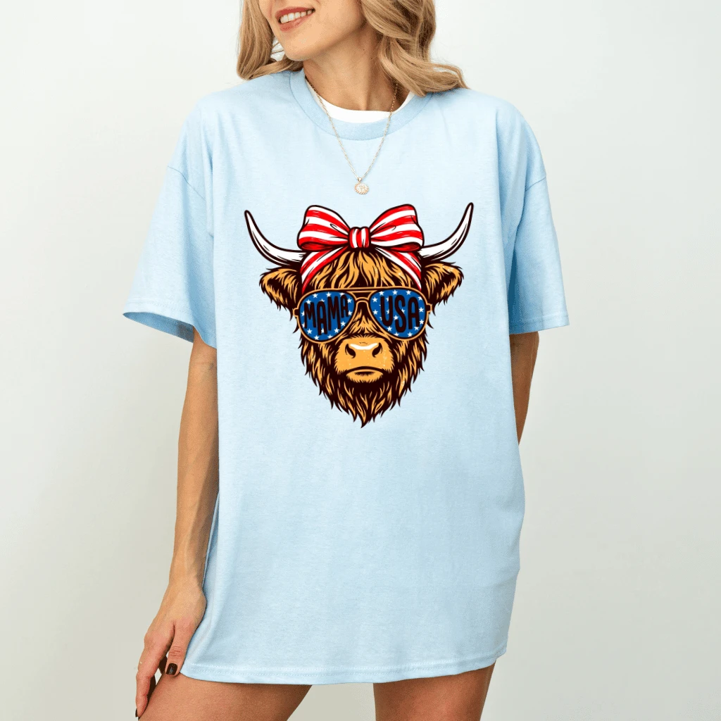 Vintage Mama USA Patriotic Cow T-Shirt - Cute Highland Cow Patriotic Gift for Her - detail view