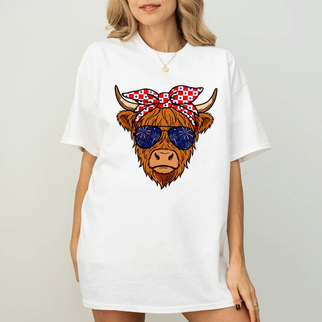Vintage Coquette Bow Highland Cow 4th of July T-Shirt - Funny Cowgirl Patriotic Gift for Her - back view