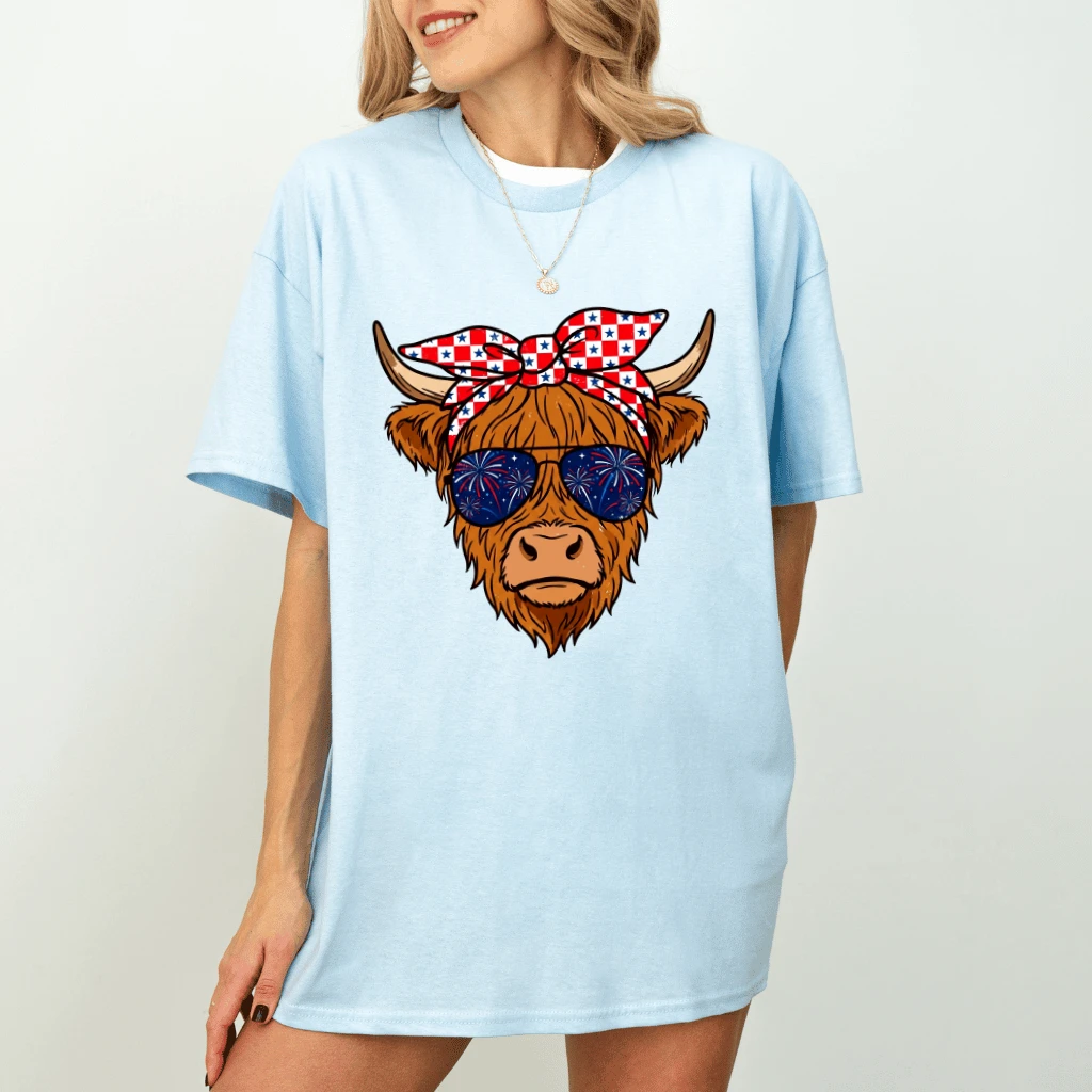 Vintage Coquette Bow Highland Cow 4th of July T-Shirt - Funny Cowgirl Patriotic Gift for Her - detail view