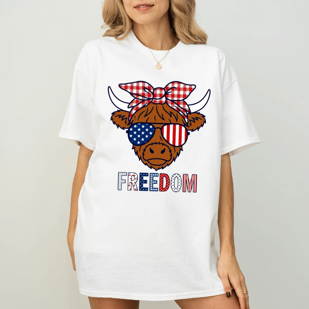 Vintage Stripes and Stars Freedom Highland Cow 4th of July T-Shirt - Cute Patriotic Gift for Her - back view