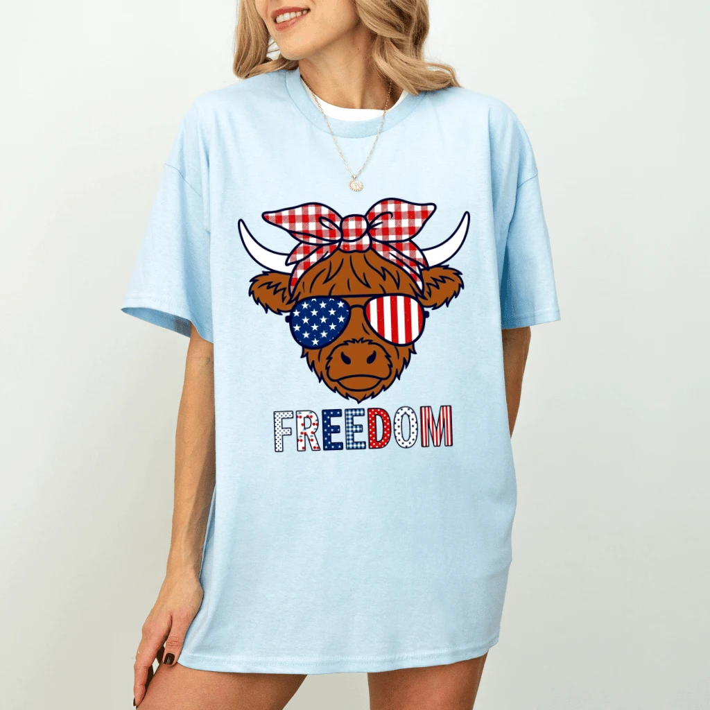 Vintage Stripes and Stars Freedom Highland Cow 4th of July T-Shirt - Cute Patriotic Gift for Her - detail view