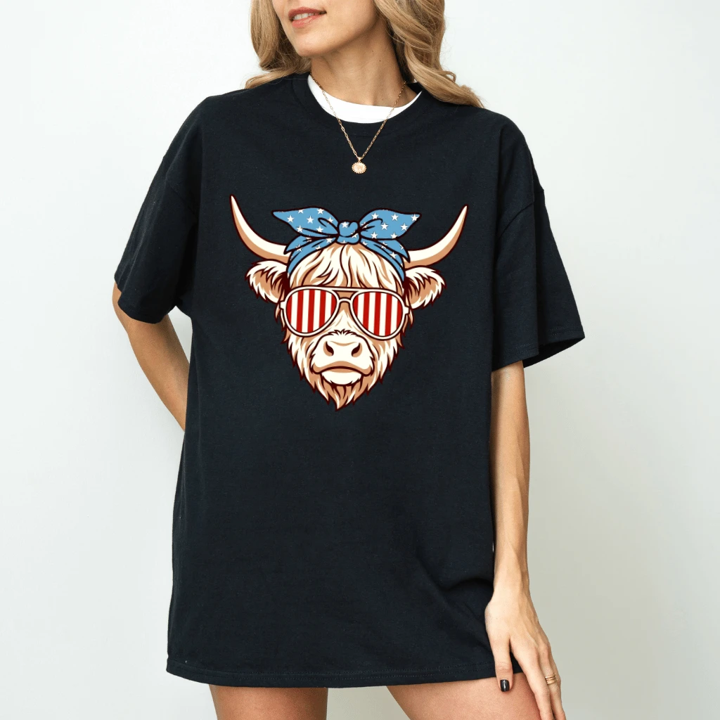 Vintage Red White Blue Cowgirl Patriotic T-Shirt - Lovely Cow 4th of July Gift for Her - back view