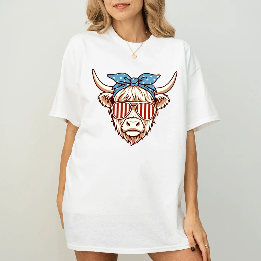 Vintage Red White Blue Cowgirl Patriotic T-Shirt - Lovely Cow 4th of July Gift for Her - detail view
