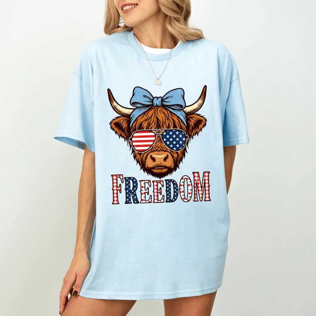 USA Stripes and Stars Cowgirl Freedom T-Shirt - Cute 4th of July Gift for Her - detail view