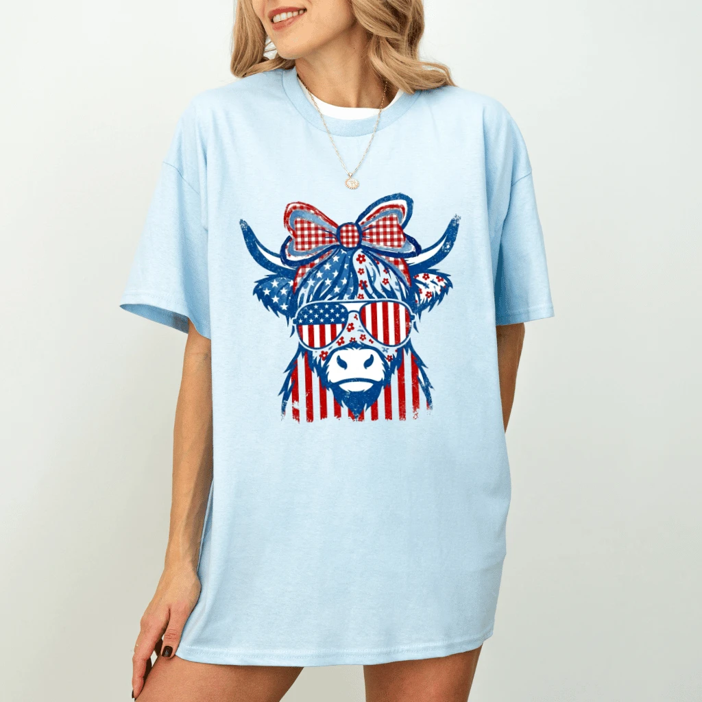 Vintage Coquette USA Highland Cow T-Shirt - 4th of July Gift for Cow Lovers - back view