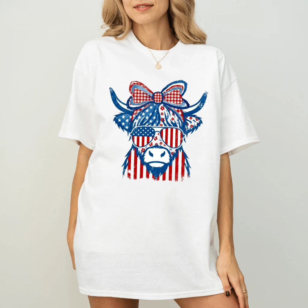 Vintage Coquette USA Highland Cow T-Shirt - 4th of July Gift for Cow Lovers - detail view
