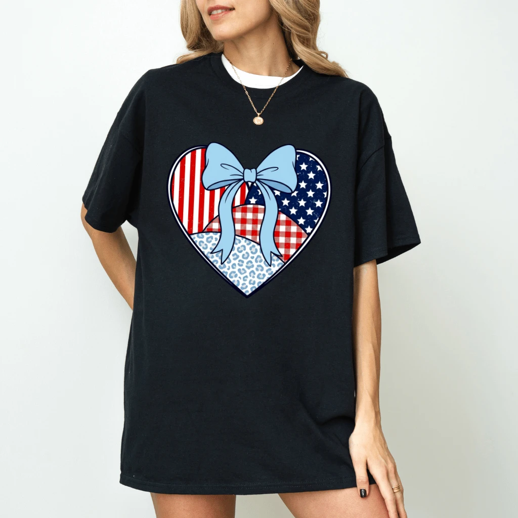 Vintage Heart Shape American Flag T-Shirt - Cute USA Heart Patriotic Gift for Her - detail view
