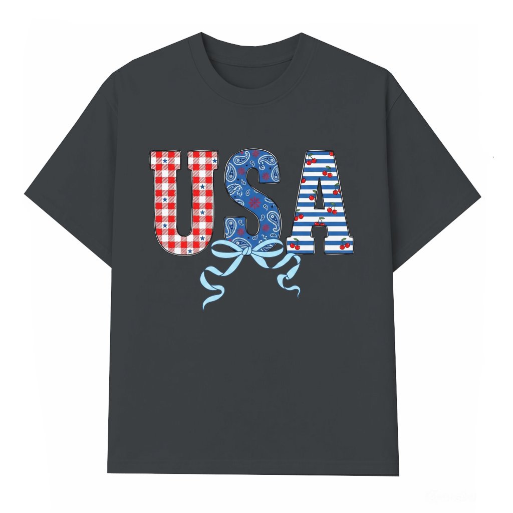 Vintage Coquette Bow USA T-Shirt - 4th of July USA Gift for Her - front view