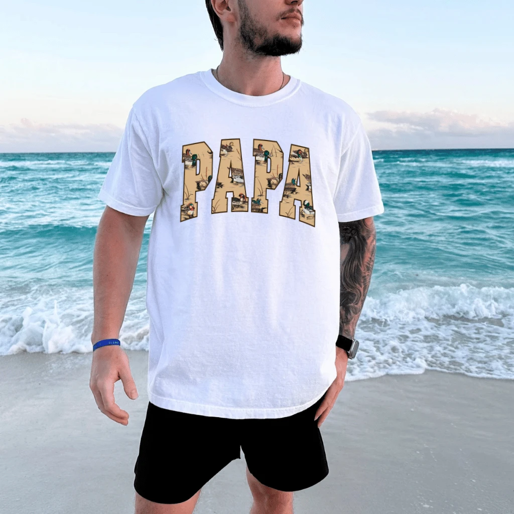 Vintage Papa Camo Duck Hunter T-Shirt - Cool Dad Hunting Gift for Him - detail view