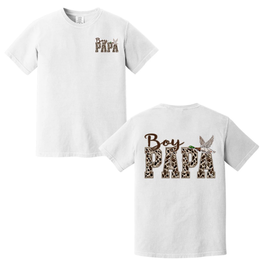 Comfort Colors Camo Boy Papa Duck Hunting Shirt 2 sided - Cool Dad Hunting Gift for Him - front view