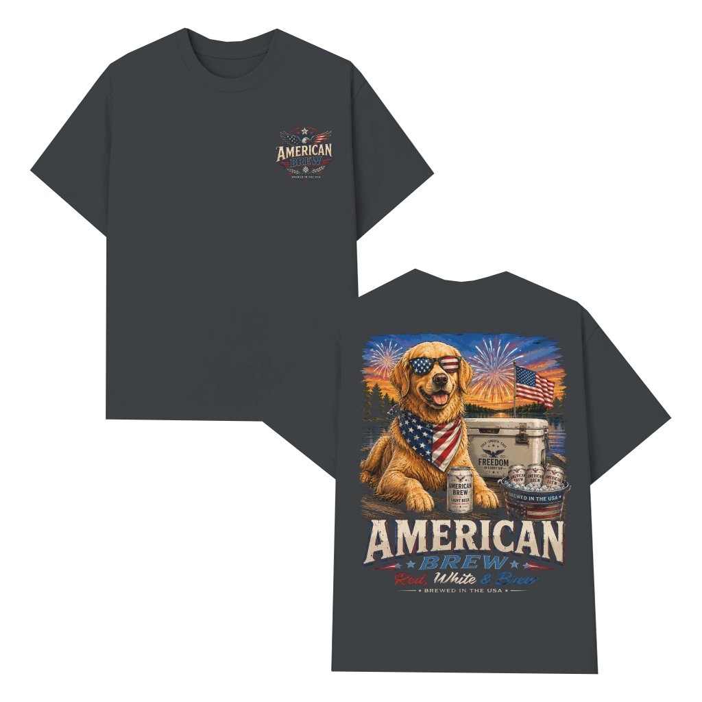 Retro American Brew Retriever Golden Drinking T-Shirt 2 sided - Cool USA Patriotic Gift for Beer Lovers - front view