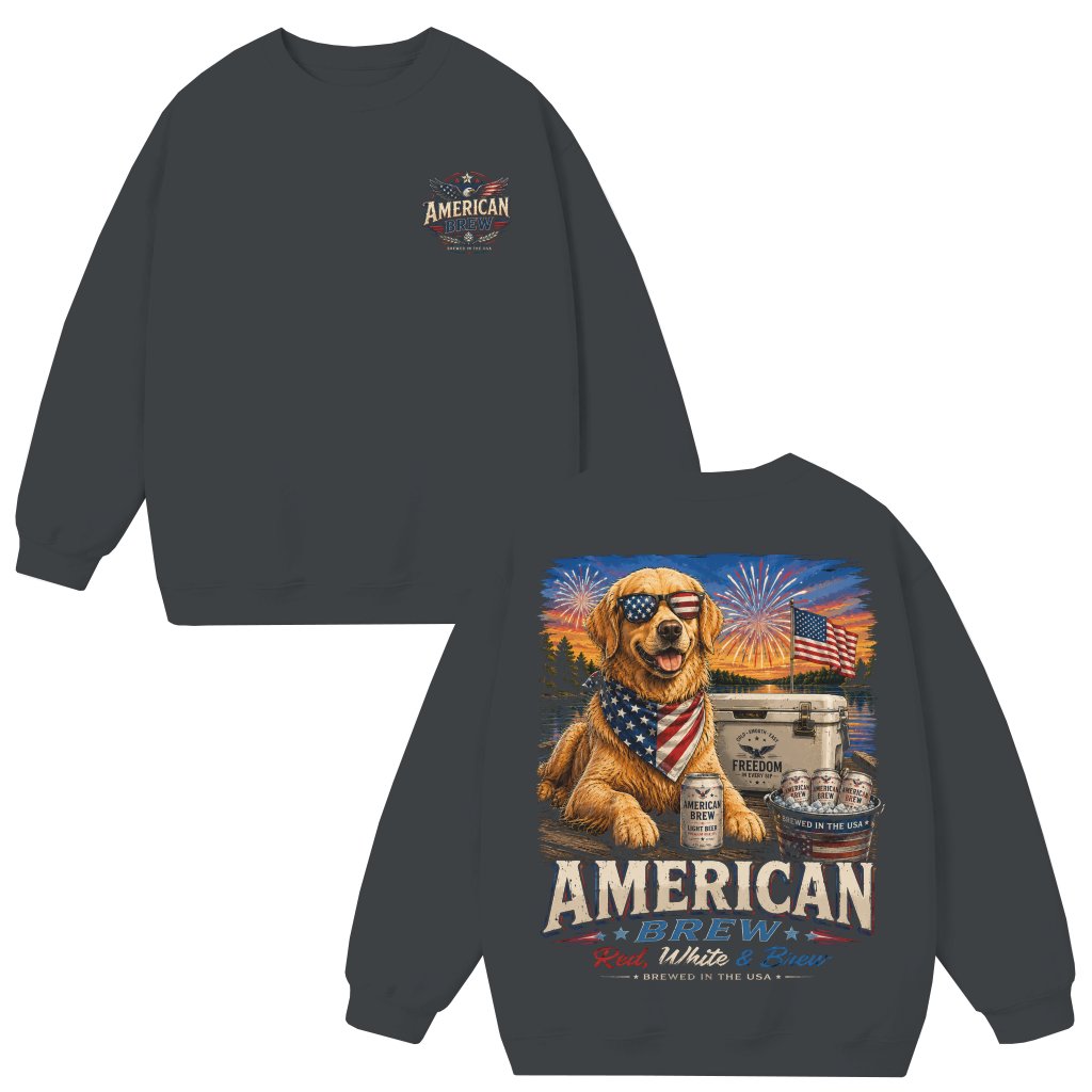 Retro American Brew Retriever Golden Drinking Sweatshirt 2 sided - Cool USA Patriotic Gift for Beer Lovers - front view