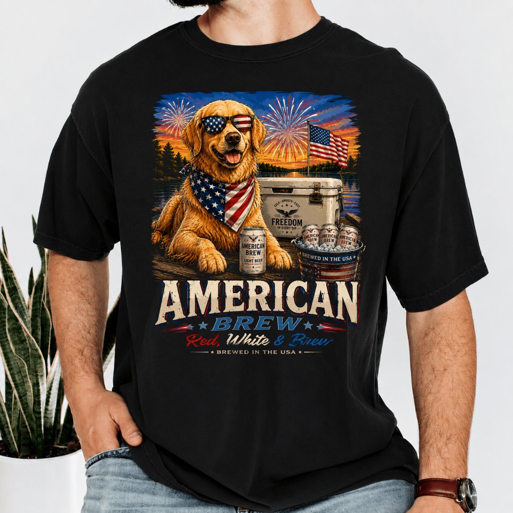 Comfort Colors Red White & Brew American Golden Dog T-Shirt - Cool Patriotic Gift for Beer Lovers - back view