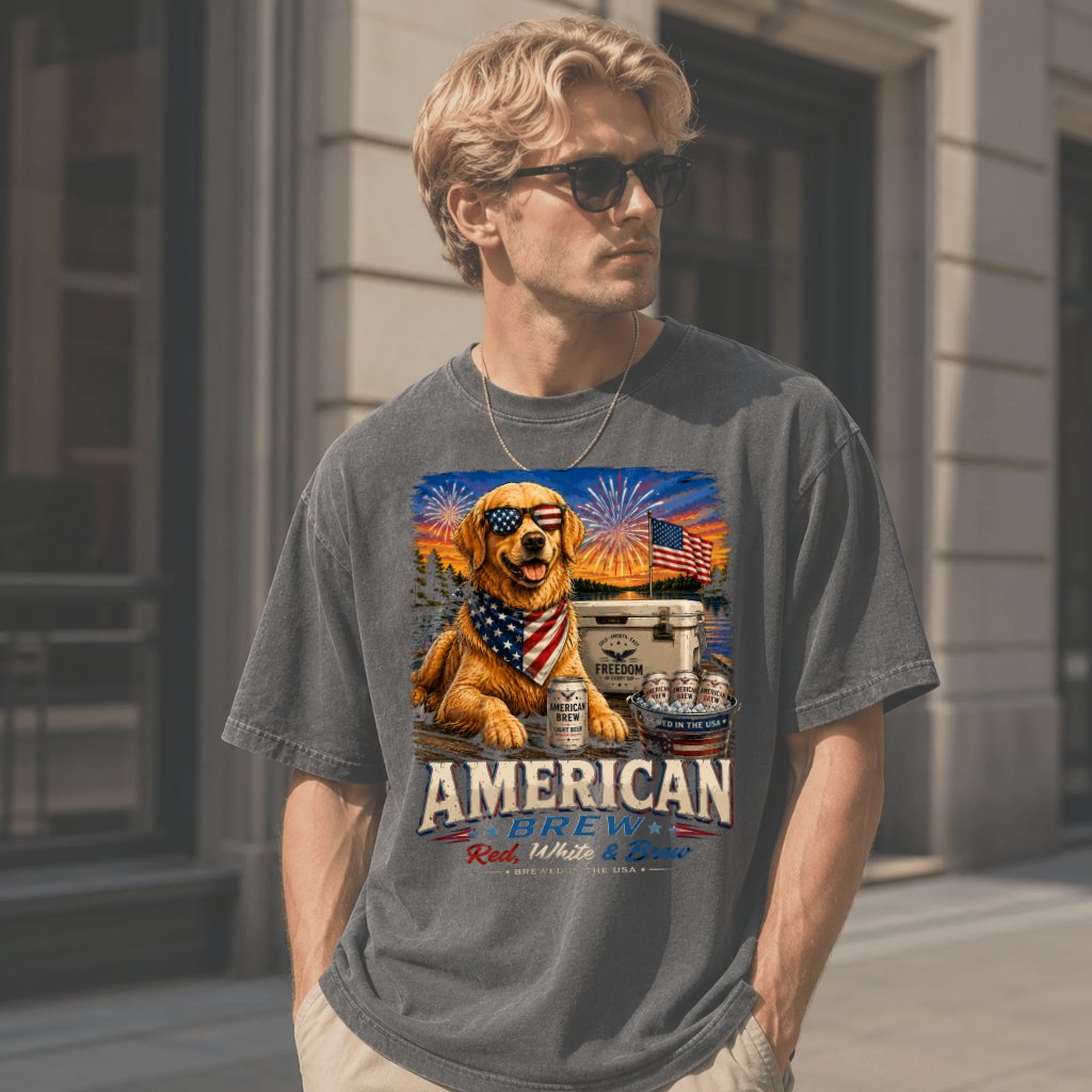 Comfort Colors Red White & Brew American Golden Dog T-Shirt - Cool Patriotic Gift for Beer Lovers - detail view