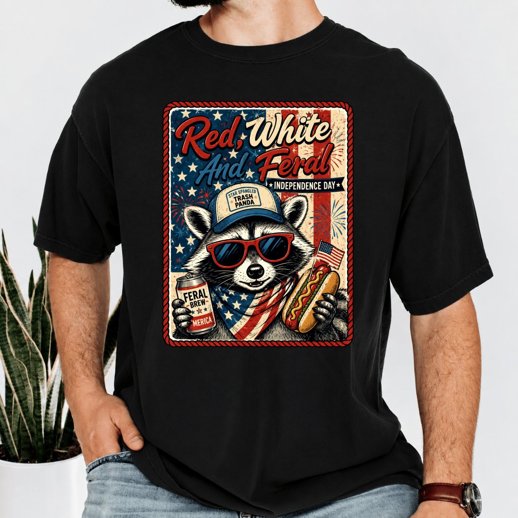 Comfort Colors Red White and Feral American Raccoon T-Shirt - Funny Patriotic Gift for Raccoon Lovers - back view
