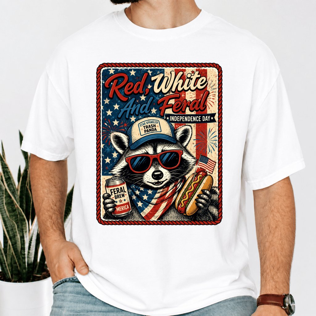 Comfort Colors Red White and Feral American Raccoon T-Shirt - Funny Patriotic Gift for Raccoon Lovers - detail view