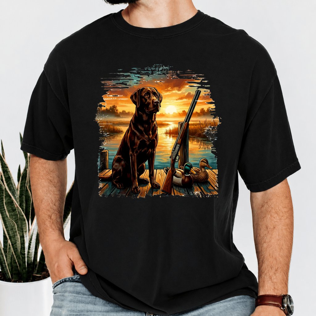 Comfort Colors Retro Sunset Golden Dog Hunting Camo Duck Hunter Shirt - Duck Hunting Gift for Dad - back view