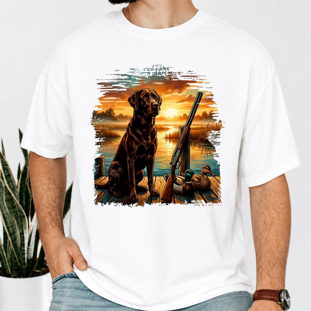 Comfort Colors Retro Sunset Golden Dog Hunting Camo Duck Hunter Shirt - Duck Hunting Gift for Dad - detail view