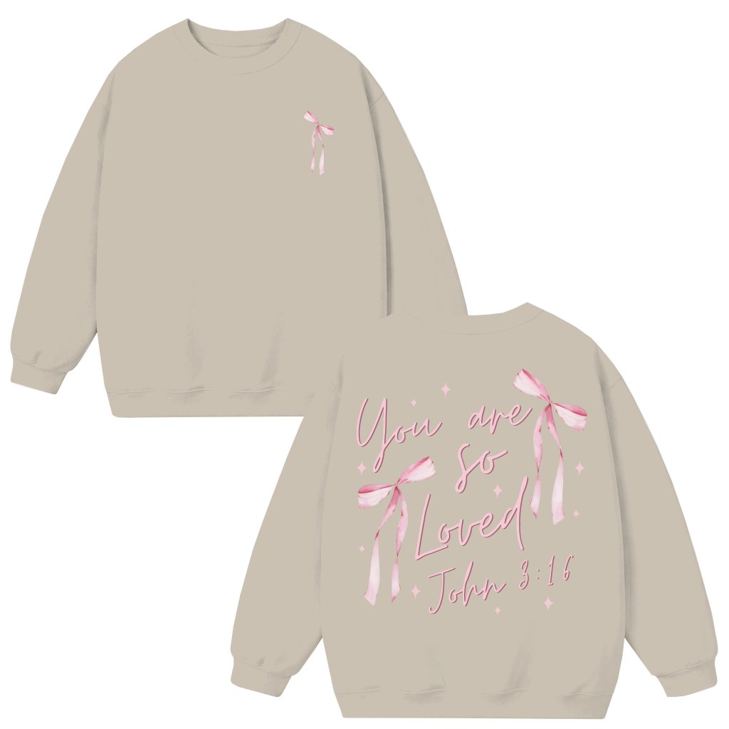 Vintage Coquette Bow You Are So Loved Christian Sweatshirt - John 3:16 Bible Verse Gift for Her - front view