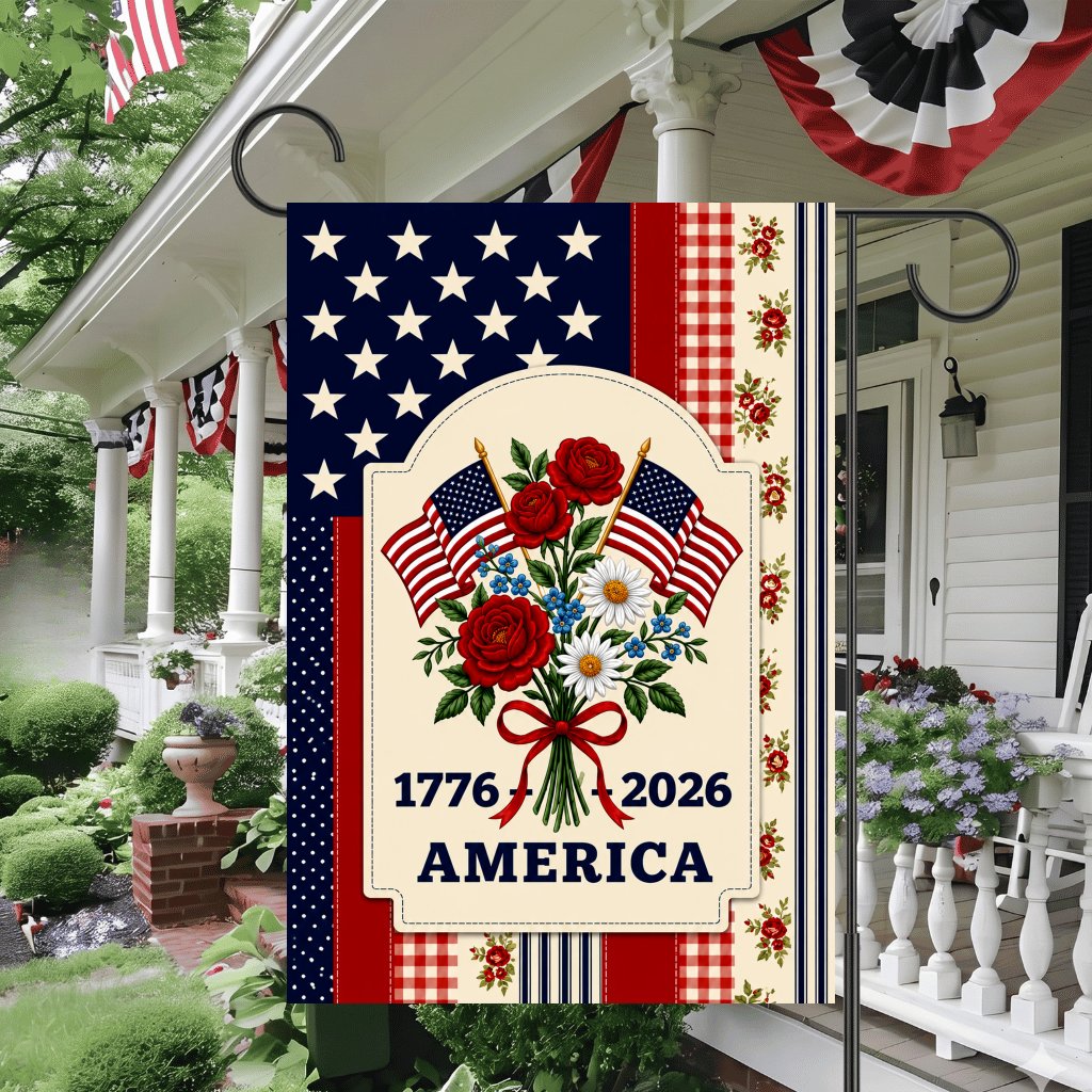 Summer Garden 1776 - 2026 American 4th of July Flag -  Patriotic Flag Gift for Her - detail view