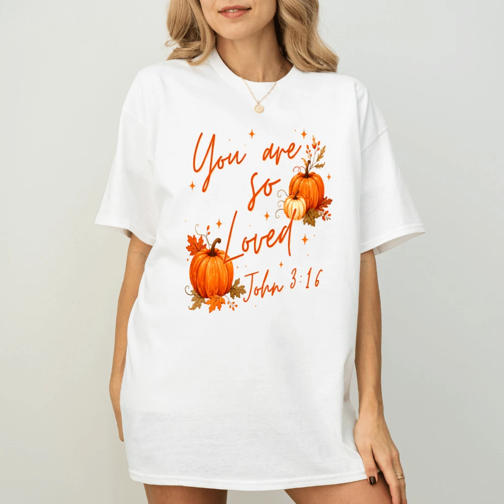 You Are So Loved John 3:16 Pumpkin Season T-Shirt - Fall Christian Gift for Her - back view