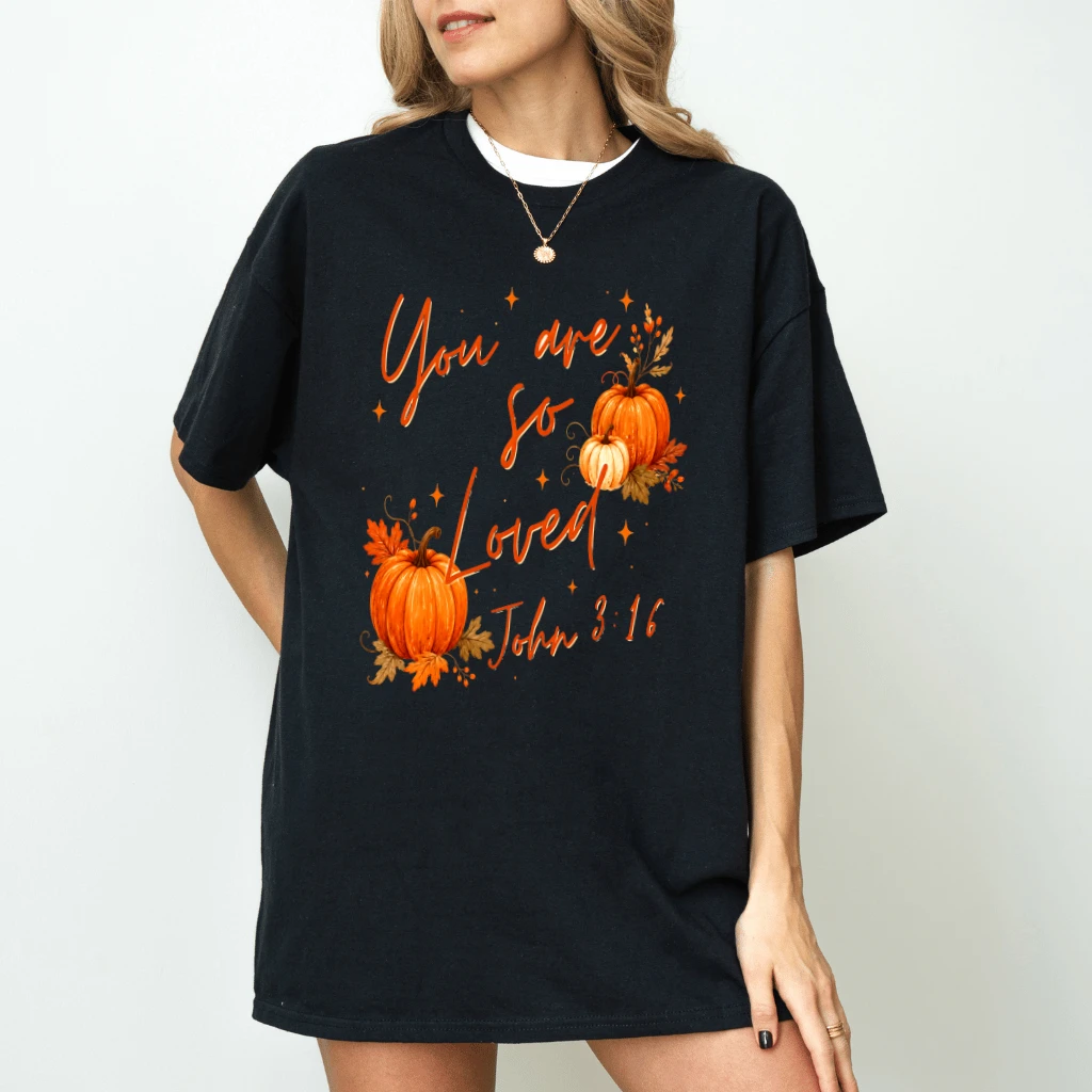 You Are So Loved John 3:16 Pumpkin Season T-Shirt - Fall Christian Gift for Her - detail view