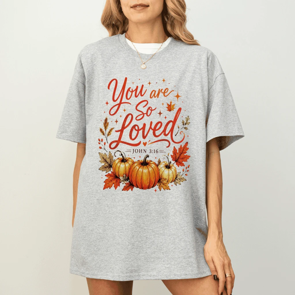 You Are So Loved Pumpkin Season T-Shirt - Christian Harvest Gift for Her - detail view