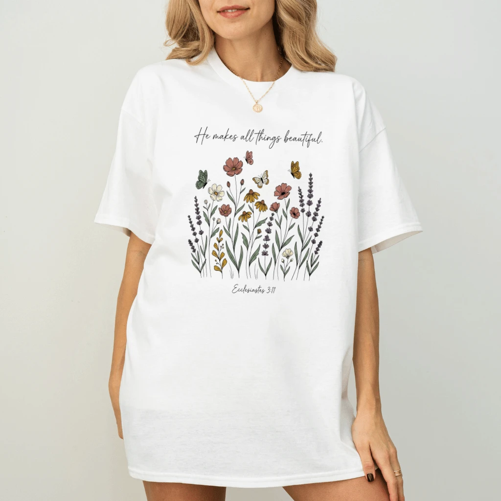 He Makes All Things Beautiful Floral Christian T-Shirt - Jesus Garden Gift for Her - back view