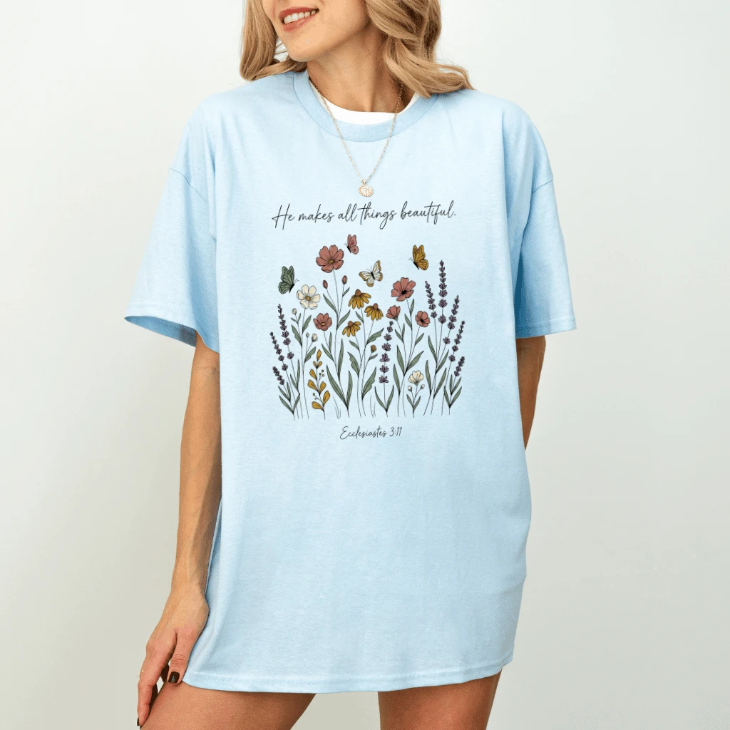 He Makes All Things Beautiful Floral Christian T-Shirt - Jesus Garden Gift for Her - detail view