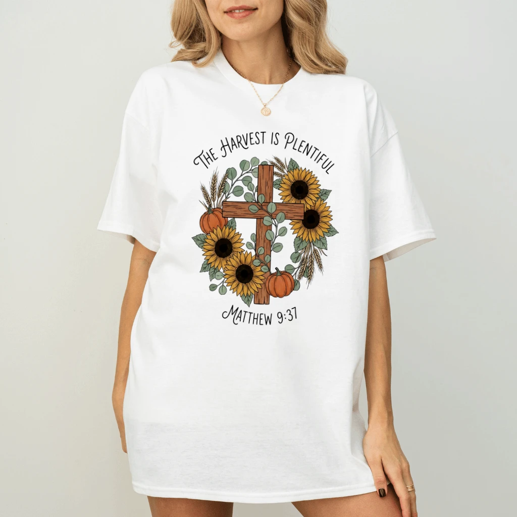 Harvest Is Plentiful Sunflowers Bible Cross Christian T-Shirt - Mathew 9:37 Jesus Gift for Her - back view