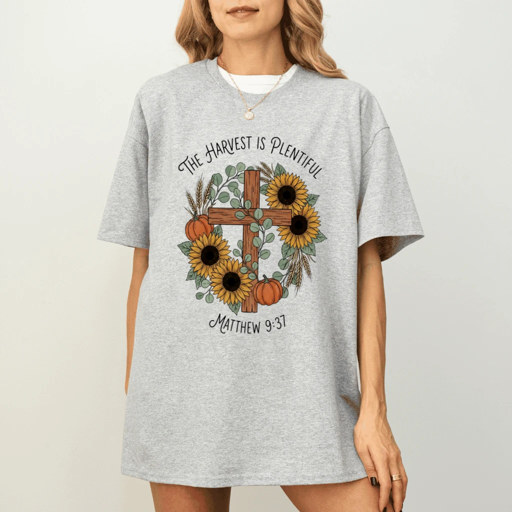 Harvest Is Plentiful Sunflowers Bible Cross Christian T-Shirt - Mathew 9:37 Jesus Gift for Her - detail view