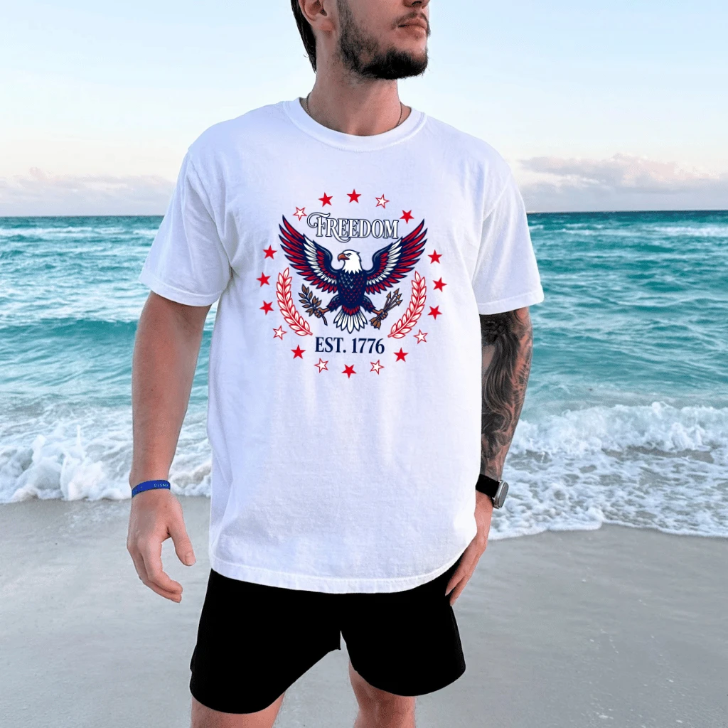 Freedom est 1776 America Eagle Patriotic T-Shirt - Independence Day Gift for Him - back view
