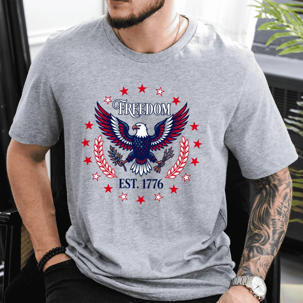 Freedom est 1776 America Eagle Patriotic T-Shirt - Independence Day Gift for Him - detail view