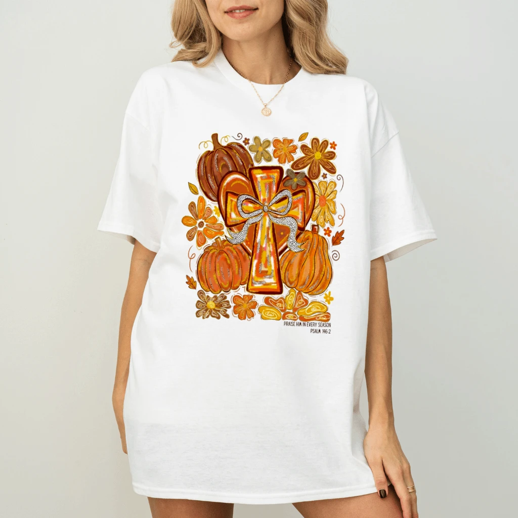 Pumpkin Christian Harvest T-Shirt - Cute Pumpkin Fall Christian Gift for Her - back view