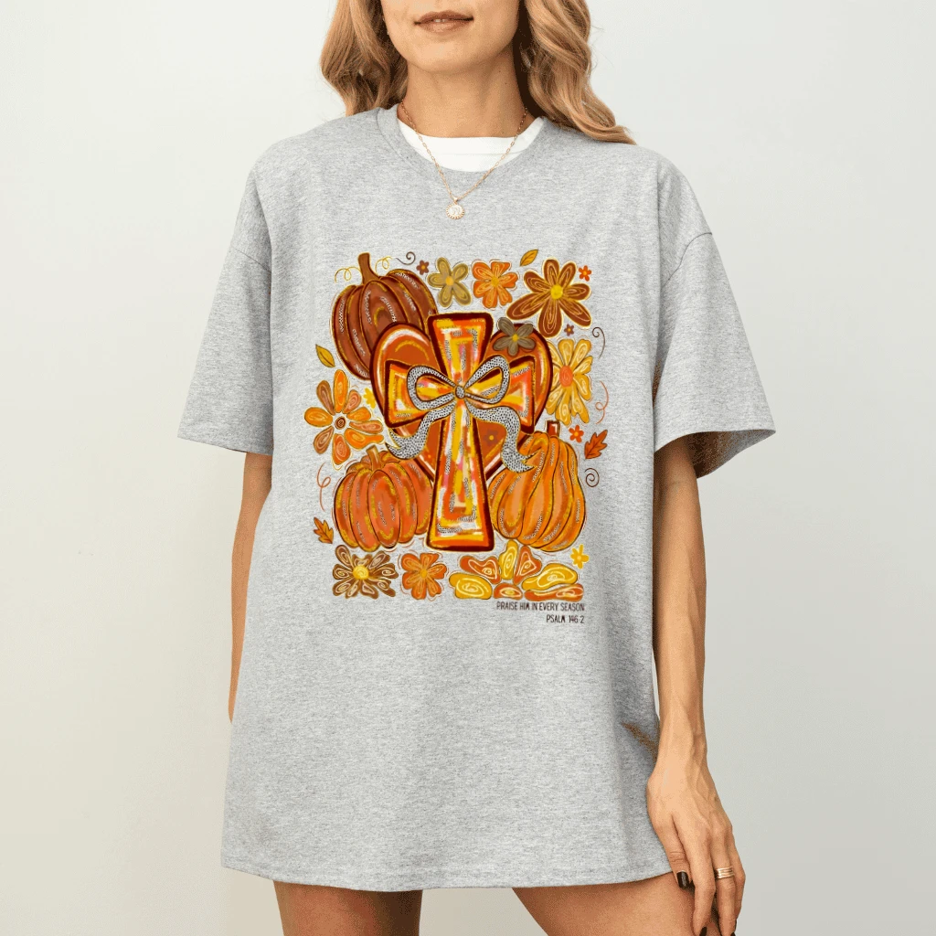 Pumpkin Christian Harvest T-Shirt - Cute Pumpkin Fall Christian Gift for Her - detail view