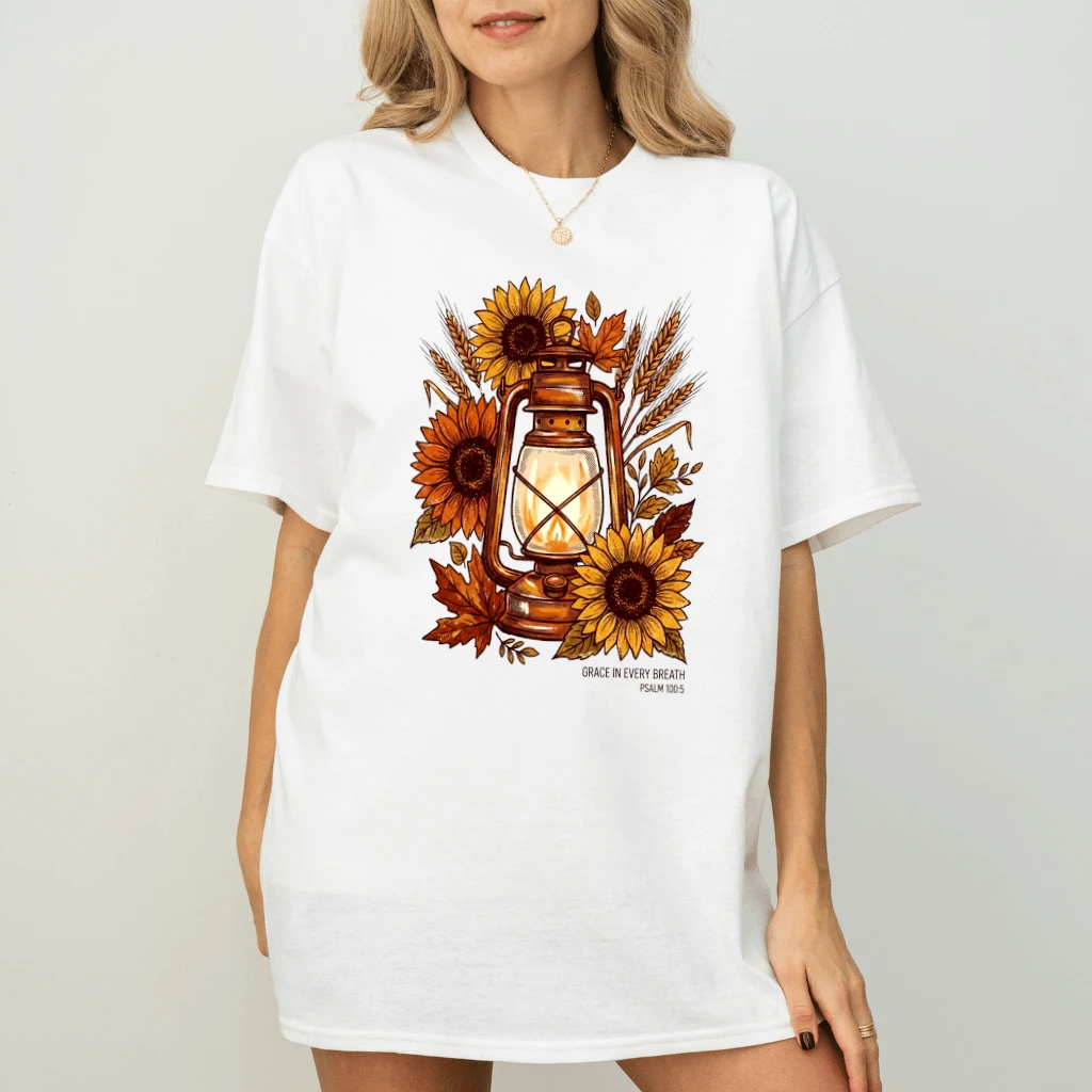 Grace In Breath Sunflowers Harvest Faith T-Shirt - Fall Christian Gift for Her - back view