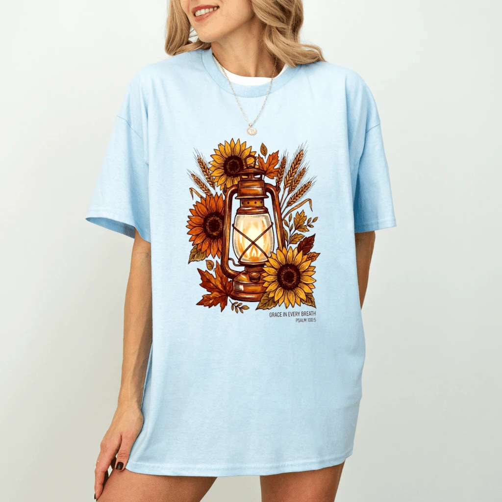 Grace In Breath Sunflowers Harvest Faith T-Shirt - Fall Christian Gift for Her - detail view
