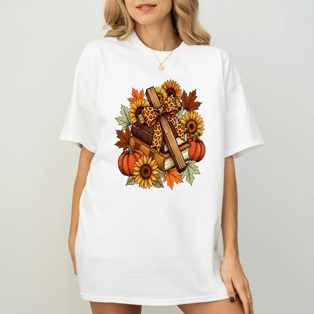Harvest Faith Bible Cross T-Shirt - Fall Christian Gift for Her - back view