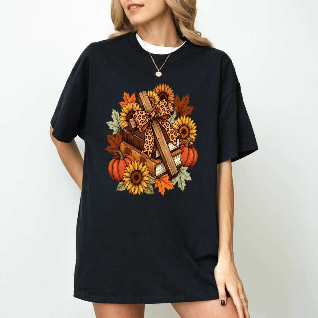 Harvest Faith Bible Cross T-Shirt - Fall Christian Gift for Her - detail view