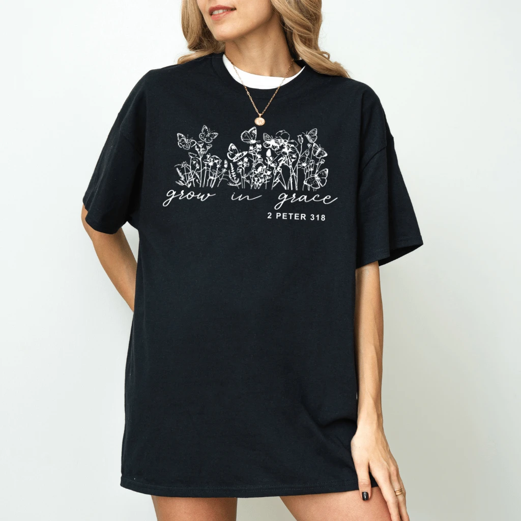 Grow In Grace Vintage Wildflowers Christian T-Shirt - Jesus Faith Gift for Her - back view