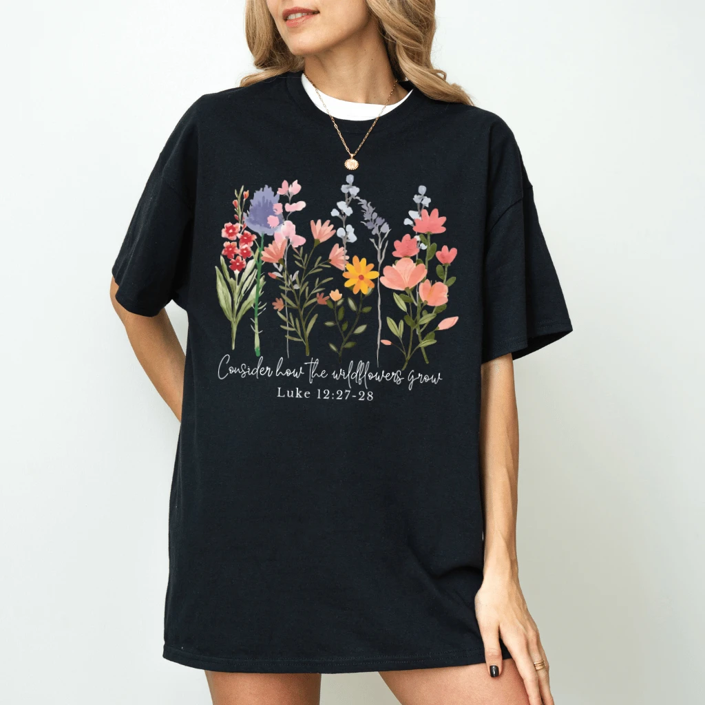 Boho Wildflowers Grow Christian T-Shirt - Floral Jesus Gift for Her - back view