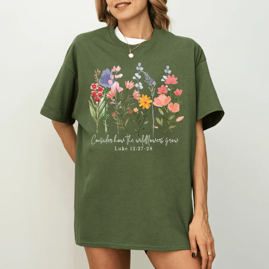 Boho Wildflowers Grow Christian T-Shirt - Floral Jesus Gift for Her - detail view