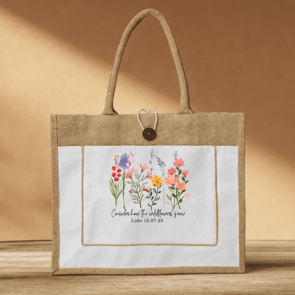 Consider How The Wildflowers Grow Christian Jute Tote Bag - Jesus Gift for Her - front view