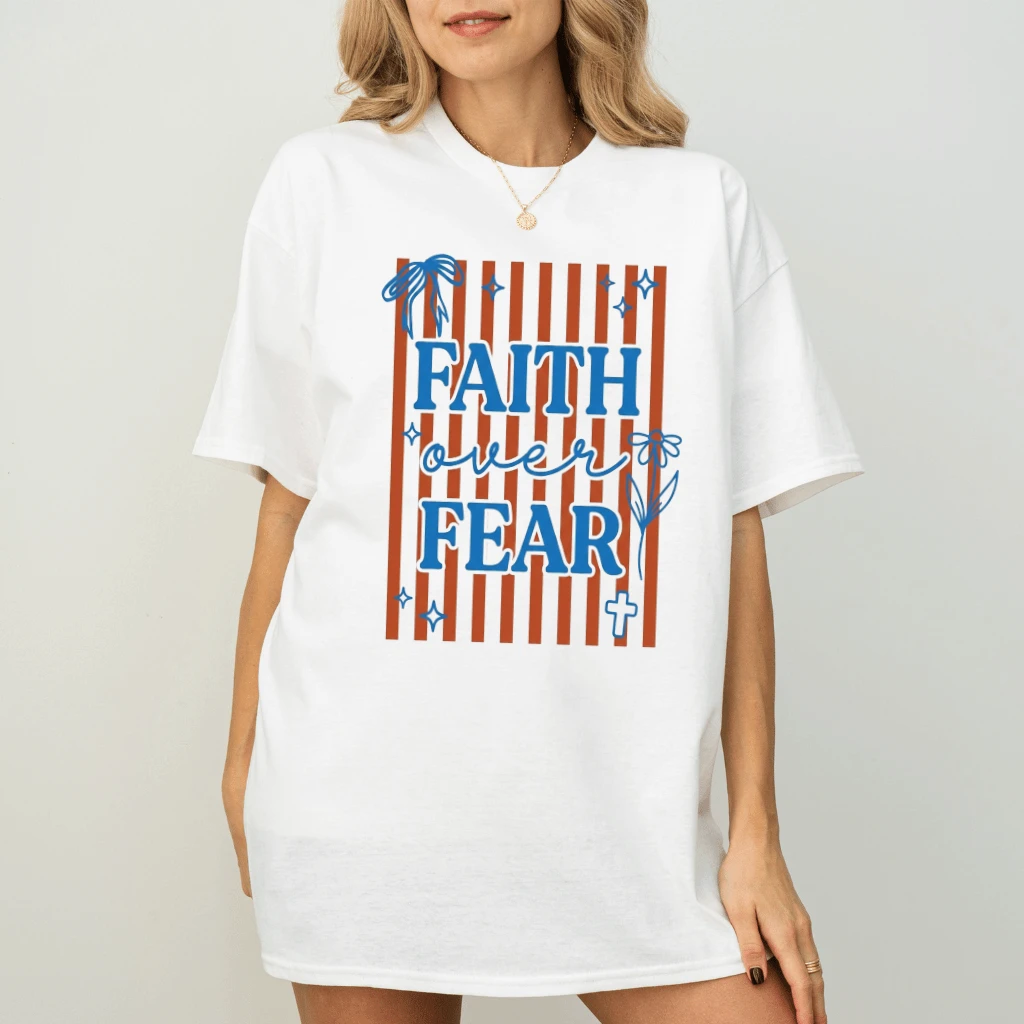 Coquette Striped Faith Over Fear Christian T-Shirt - Jesus Faith Gift for Her - back view