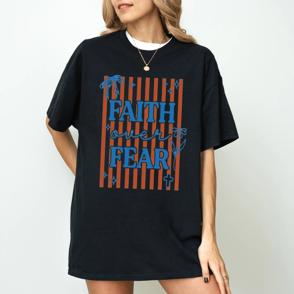 Coquette Striped Faith Over Fear Christian T-Shirt - Jesus Faith Gift for Her - detail view