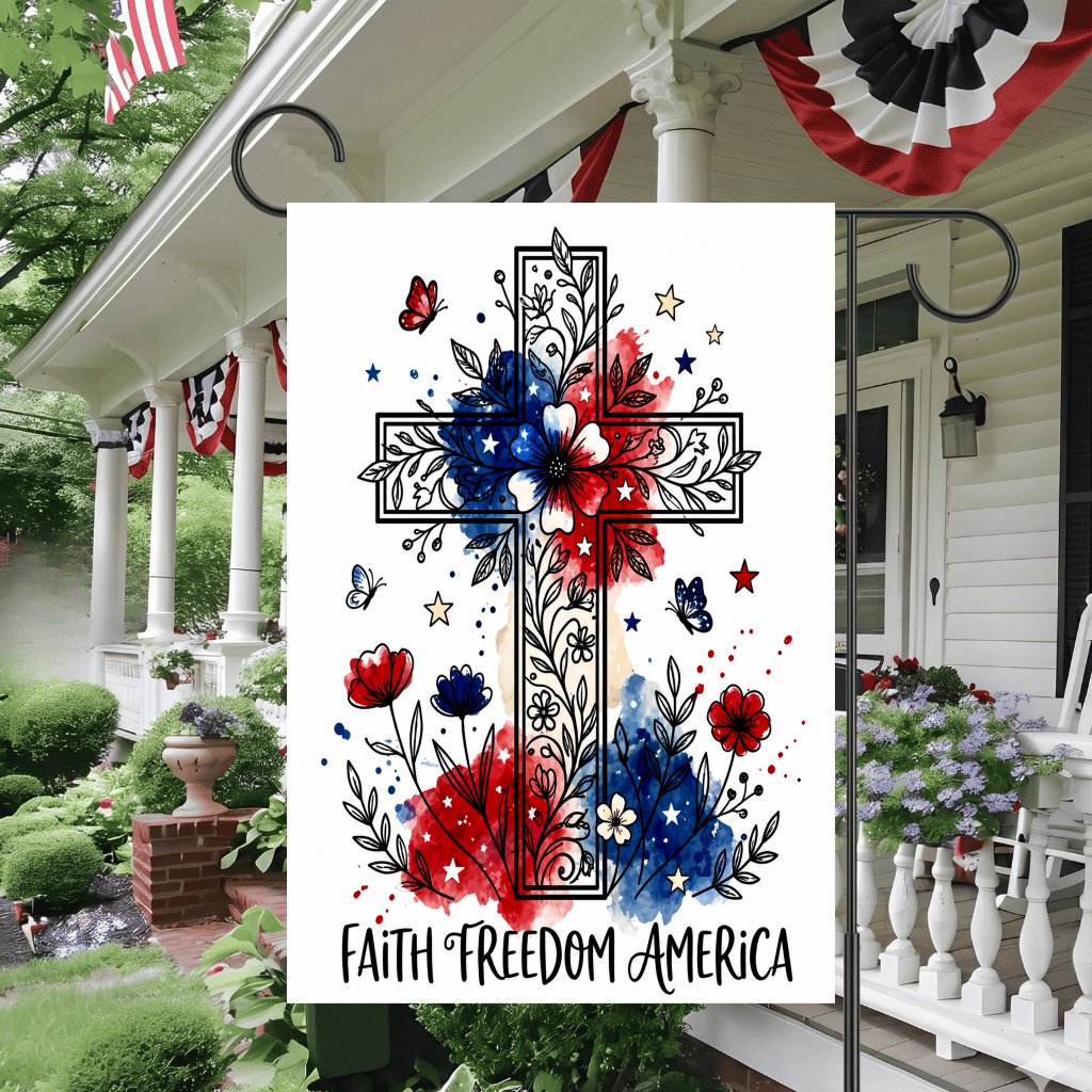 Floral Faith Freedom America Flag House Banner - Christian USA Patriotic Gift for Her - detail view